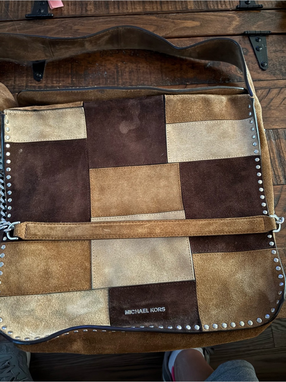 Michael Kors Patchwork Suede Messenger Bag/Hobo in Brown & Tan